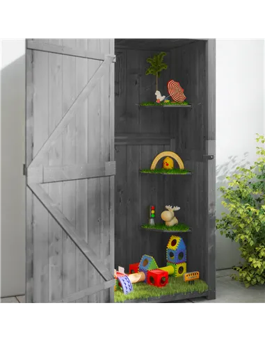 Outsunny Wooden Garden Shed, Utility Outdoor Small Shed with Lockable Double Doors, Shelves and Roof Hatch, Grey