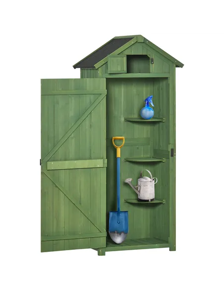 Outsunny Small Shed, Tall Slim Wooden Garden Shed with 3 Removable Shelves and Roof Hatch, Compact Outdoor Tool Storage Cabinet 