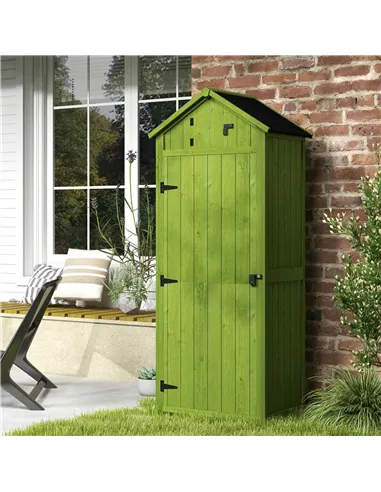 Outsunny Small Shed, Tall Slim Wooden Garden Shed with 3 Removable Shelves and Roof Hatch, Compact Outdoor Tool Storage Cabinet 