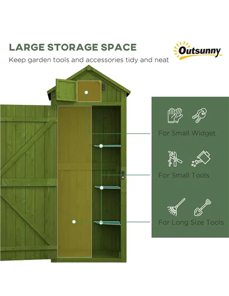 Outsunny Small Shed, Tall Slim Wooden Garden Shed with 3 Removable Shelves and Roof Hatch, Compact Outdoor Tool Storage Cabinet 