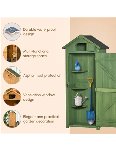 Outsunny Small Shed, Tall Slim Wooden Garden Shed with 3 Removable Shelves and Roof Hatch, Compact Outdoor Tool Storage Cabinet 