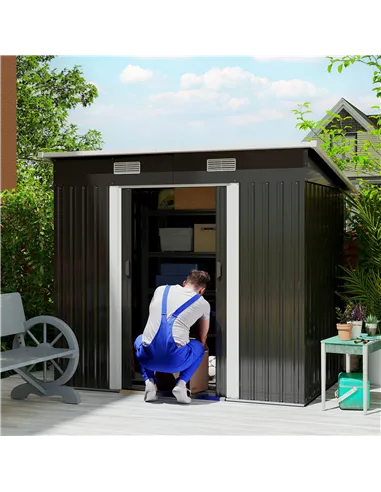 Outsunny 7 x 4ft Outdoor Storage Shed with Foundation Kit, Lean to Metal Garden Shed for Log, Rubbish Bin, Tool, Lawnmower, Bike