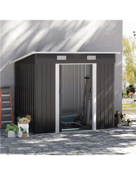 Outsunny 7 x 4ft Outdoor Storage Shed with Foundation Kit, Lean to Metal Garden Shed for Log, Rubbish Bin, Tool, Lawnmower, Bike