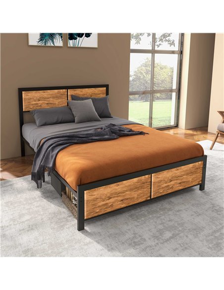 HOMCOM Industrial Double Bed Frame, 5FT Steel Bed Base with Headboard, Footboard, Slatted Support and Under Bed Storage, 142 x 1