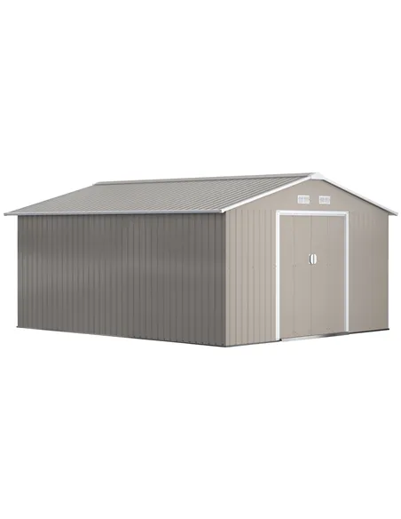 Outsunny 13 x 11ft Large Garden Shed, Mental Garden Storage Shed with Foundation Kit Ventilation & Doors, Light Grey