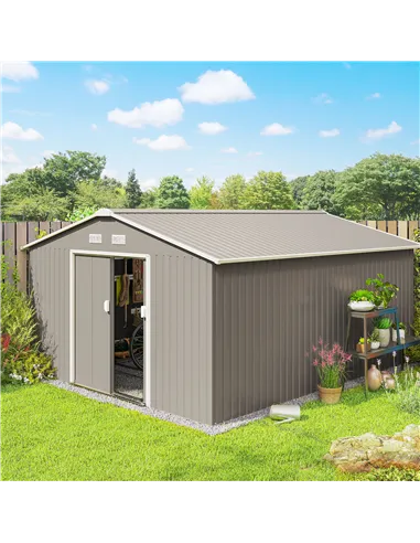 Outsunny 13 x 11ft Large Garden Shed, Mental Garden Storage Shed with Foundation Kit Ventilation & Doors, Light Grey