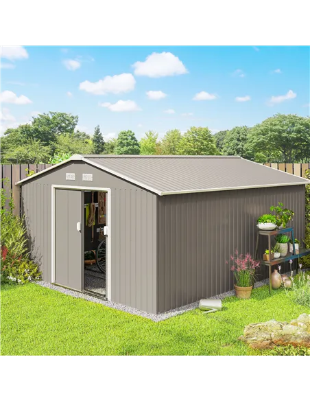 Outsunny 13 x 11ft Large Garden Shed, Mental Garden Storage Shed with Foundation Kit Ventilation & Doors, Light Grey