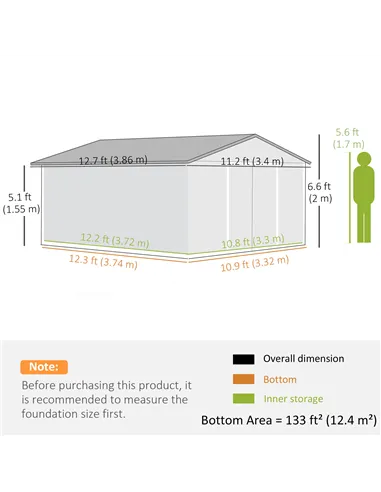 Outsunny 13 x 11ft Large Garden Shed, Mental Garden Storage Shed with Foundation Kit Ventilation & Doors, Light Grey