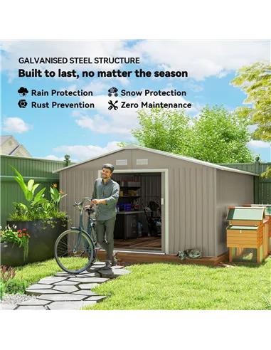 Outsunny 13 x 11ft Large Garden Shed, Mental Garden Storage Shed with Foundation Kit Ventilation & Doors, Light Grey