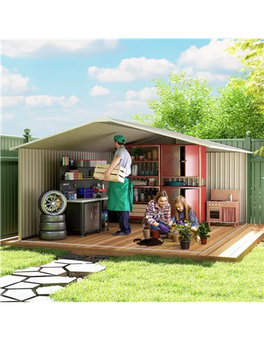 Outsunny 13 x 11ft Large Garden Shed, Mental Garden Storage Shed with Foundation Kit Ventilation & Doors, Light Grey
