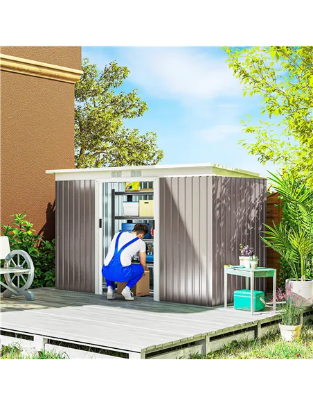 Outsunny Corrugated Garden Metal Storage Shed Outdoor Equipment Tool Box with Kit Ventilation Doors 9x 4FT Light Grey