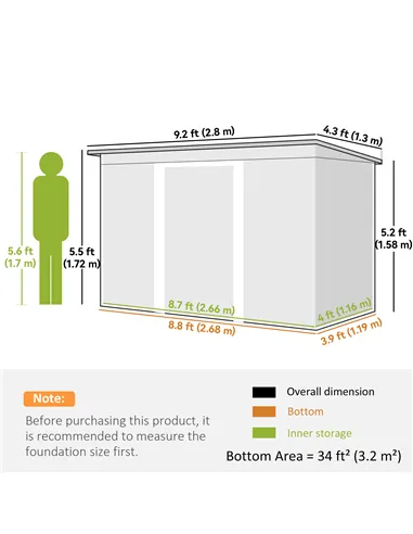 Outsunny Corrugated Garden Metal Storage Shed Outdoor Equipment Tool Box with Kit Ventilation Doors 9x 4FT Light Grey