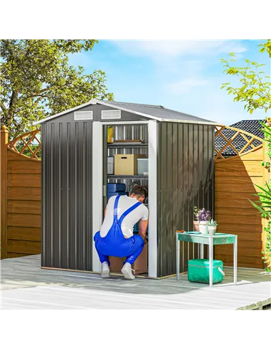 Outsunny Garden Metal Tool Storage Shed with Sliding Door, Sloped Roof and Foundation Kit, 152 x 132 x 188cm, Grey