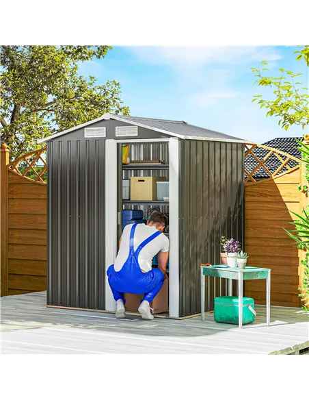 Outsunny Garden Metal Tool Storage Shed with Sliding Door, Sloped Roof and Foundation Kit, 152 x 132 x 188cm, Grey