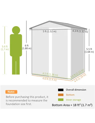 Outsunny Garden Metal Tool Storage Shed with Sliding Door, Sloped Roof and Foundation Kit, 152 x 132 x 188cm, Grey