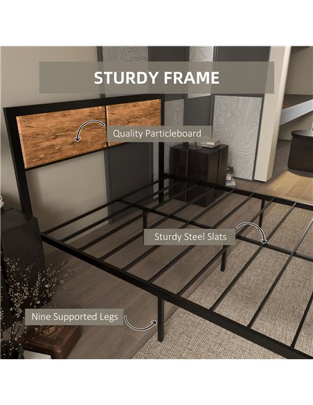 HOMCOM Industrial Double Bed Frame, 5FT Steel Bed Base with Headboard, Footboard, Slatted Support and Under Bed Storage, 142 x 1