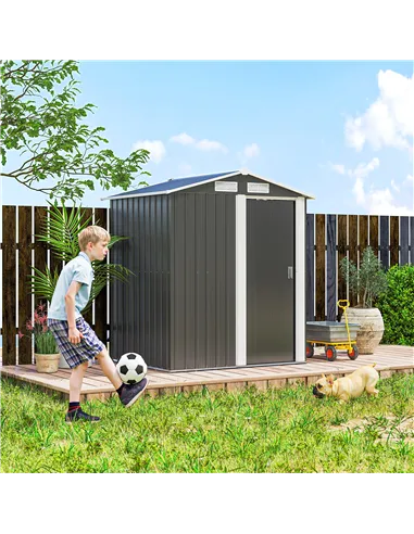 Outsunny Garden Metal Tool Storage Shed with Sliding Door, Sloped Roof and Foundation Kit, 152 x 132 x 188cm, Grey