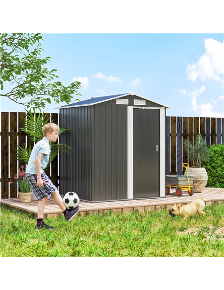 Outsunny Garden Metal Tool Storage Shed with Sliding Door, Sloped Roof and Foundation Kit, 152 x 132 x 188cm, Grey