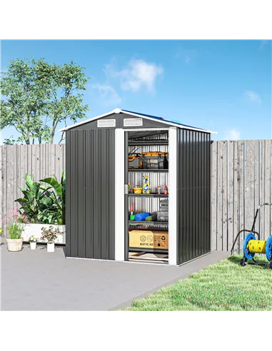 Outsunny Garden Metal Tool Storage Shed with Sliding Door, Sloped Roof and Foundation Kit, 152 x 132 x 188cm, Grey