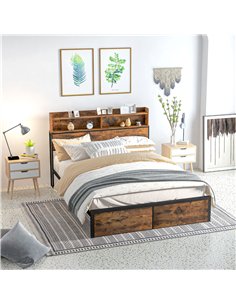 HOMCOM Industrial King Bed Frame, 5.2FT Steel Bed Base with Storage Headboard, Footboard, Slatted Support and Under Bed Storage, 2