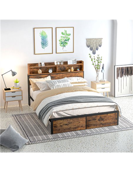 HOMCOM Industrial King Bed Frame, 5.2FT Steel Bed Base with Storage Headboard, Footboard, Slatted Support and Under Bed Storage,