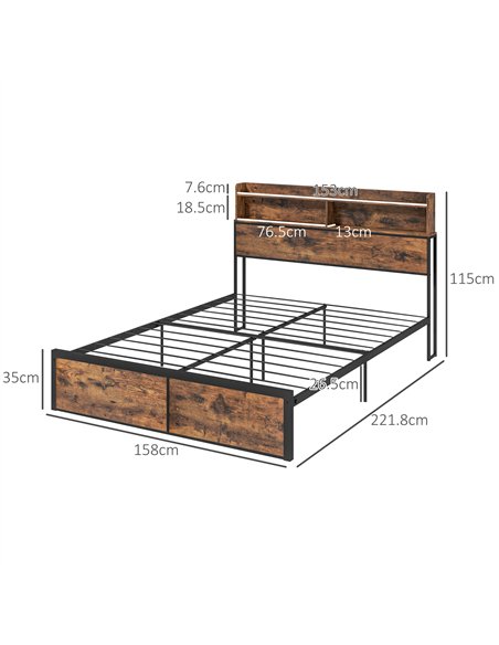 HOMCOM Industrial King Bed Frame, 5.2FT Steel Bed Base with Storage Headboard, Footboard, Slatted Support and Under Bed Storage,