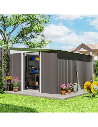 Outsunny 11.3 x 9.2ft Lean to Metal Garden Shed, Outdoor Galvanised Tool Storage House with Double Sliding Doors and 2 Air Vents