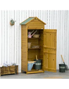 Outsunny Wooden Garden Storage Shed Utility Gardener Cabinet w/ 3 Shelves and 2 Door, 191.5cm x 79cm x 49cm, Natural wood effect 2
