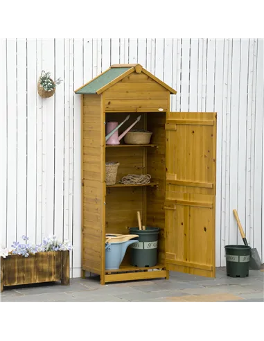 Outsunny Wooden Garden Storage Shed Utility Gardener Cabinet w/ 3 Shelves and 2 Door, 191.5cm x 79cm x 49cm, Natural wood effect