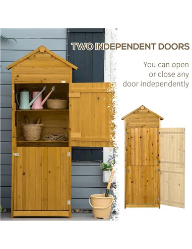 Outsunny Wooden Garden Storage Shed Utility Gardener Cabinet w/ 3 Shelves and 2 Door, 191.5cm x 79cm x 49cm, Natural wood effect