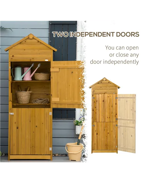 Outsunny Wooden Garden Storage Shed Utility Gardener Cabinet w/ 3 Shelves and 2 Door, 191.5cm x 79cm x 49cm, Natural wood effect