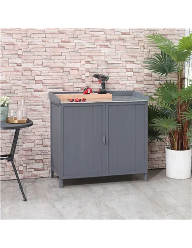 Outsunny Garden Storage Cabinet, Outdoor Tool Shed, Potting Bench Table with Galvanized Top and Two Shelves for Yard Tools or Po