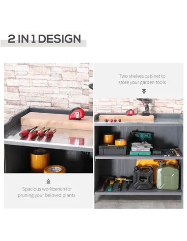 Outsunny Garden Storage Cabinet, Outdoor Tool Shed, Potting Bench Table with Galvanized Top and Two Shelves for Yard Tools or Po