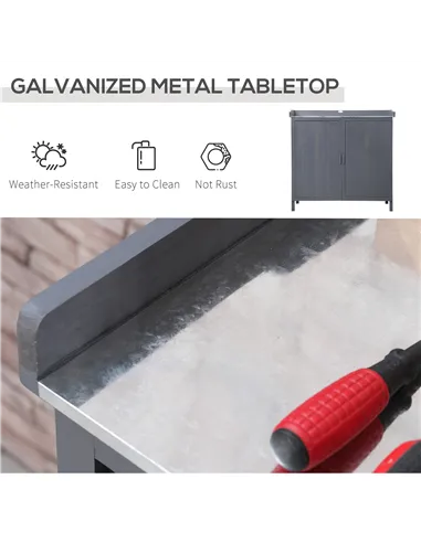 Outsunny Garden Storage Cabinet, Outdoor Tool Shed, Potting Bench Table with Galvanized Top and Two Shelves for Yard Tools or Po