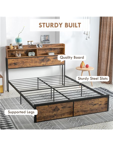 HOMCOM Industrial King Bed Frame, 5.2FT Steel Bed Base with Storage Headboard, Footboard, Slatted Support and Under Bed Storage,