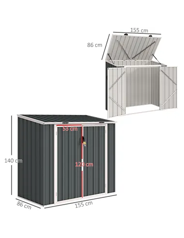 Outsunny 5ft x 3ft Garden 2-Bin Steel Storage Shed, Double Rubbish Storage Shed, Hide Dustbin w/ Locking Doors and Openable Lid