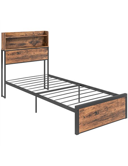 HOMCOM Industrial Single Bed Frame, 3.1FT Steel Bed Base with Storage Headboard, Footboard, Slatted Support and Under Bed Storag