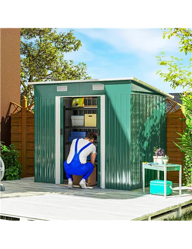 Outsunny 7 x 4ft Outdoor Storage Shed with Foundation Kit, Lean to Metal Garden Shed for Log, Rubbish Bin, Tool, Lawnmower, Bike