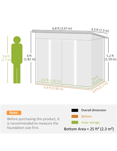Outsunny 7 x 4ft Outdoor Storage Shed with Foundation Kit, Lean to Metal Garden Shed for Log, Rubbish Bin, Tool, Lawnmower, Bike