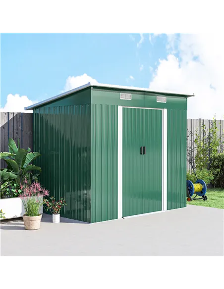 Outsunny 7 x 4ft Outdoor Storage Shed with Foundation Kit, Lean to Metal Garden Shed for Log, Rubbish Bin, Tool, Lawnmower, Bike