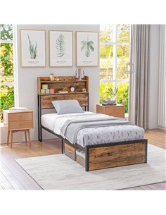 HOMCOM Industrial Single Bed Frame, 3.1FT Steel Bed Base with Storage Headboard, Footboard, Slatted Support and Under Bed Storag 2