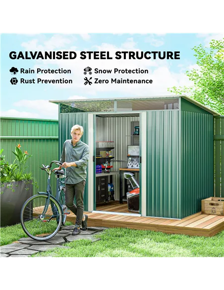 Outsunny 8.5 x 6ft Metal Shed with Lightsky Panels, Garden Storage Tool House with Double Doors for Garden, Patio and Lawn, Gree