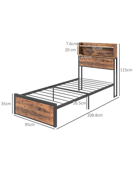 HOMCOM Industrial Single Bed Frame, 3.1FT Steel Bed Base with Storage Headboard, Footboard, Slatted Support and Under Bed Storag