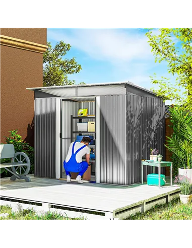Outsunny Garden Metal Storage Shed House Hut Gardening Tool Storage w/ Tilted Roof and Ventilation 8.5 x 6ft, Grey