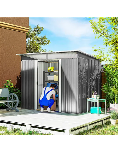 Outsunny Garden Metal Storage Shed House Hut Gardening Tool Storage w/ Tilted Roof and Ventilation 8.5 x 6ft, Grey