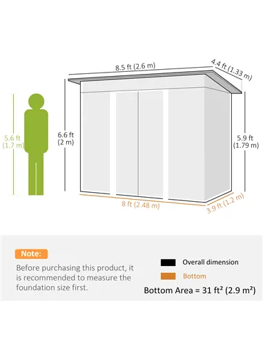 Outsunny 8.5 x 4ft Metal Shed with Lightsky Panels, Garden Storage Tool House with Double Doors for Garden, Patio and Lawn, Gree