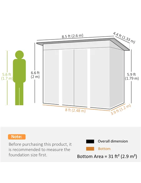 Outsunny 8.5 x 4ft Metal Shed with Lightsky Panels, Garden Storage Tool House with Double Doors for Garden, Patio and Lawn, Gree