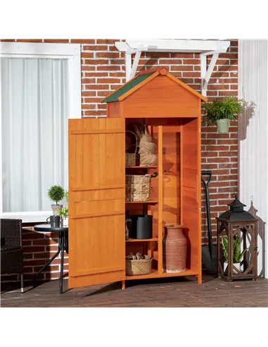 Outsunny Wooden Outdoor Storage Shed, Compact Utility Outdoor Tool Shed with Lockable Double Doors and Shelves, Orange