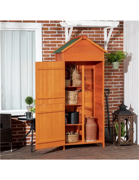 Outsunny Wooden Outdoor Storage Shed, Compact Utility Outdoor Tool Shed with Lockable Double Doors and Shelves, Orange