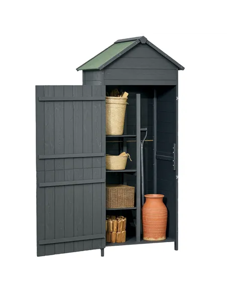 Outsunny Garden Shed 4-Tier Wooden Garden Outdoor Shed 3 Shelves Utility Gardener Cabinet Lockable 2 Doors - Grey
